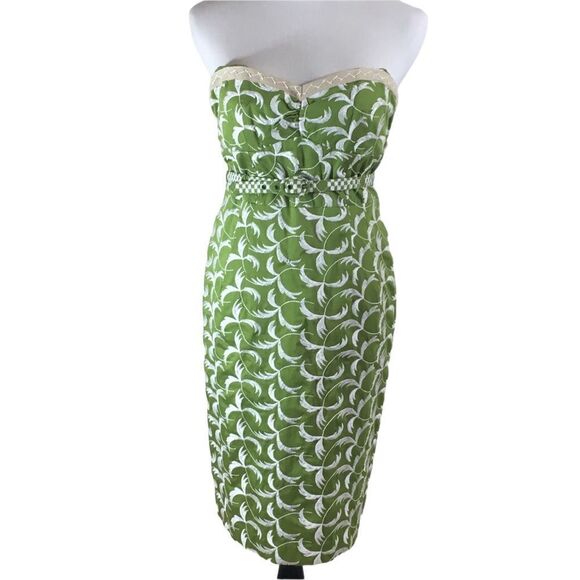Nanette Lepore Embroidered Green Strapless Belted Midi Sheath Dress Sz S - Picture 15 of 16